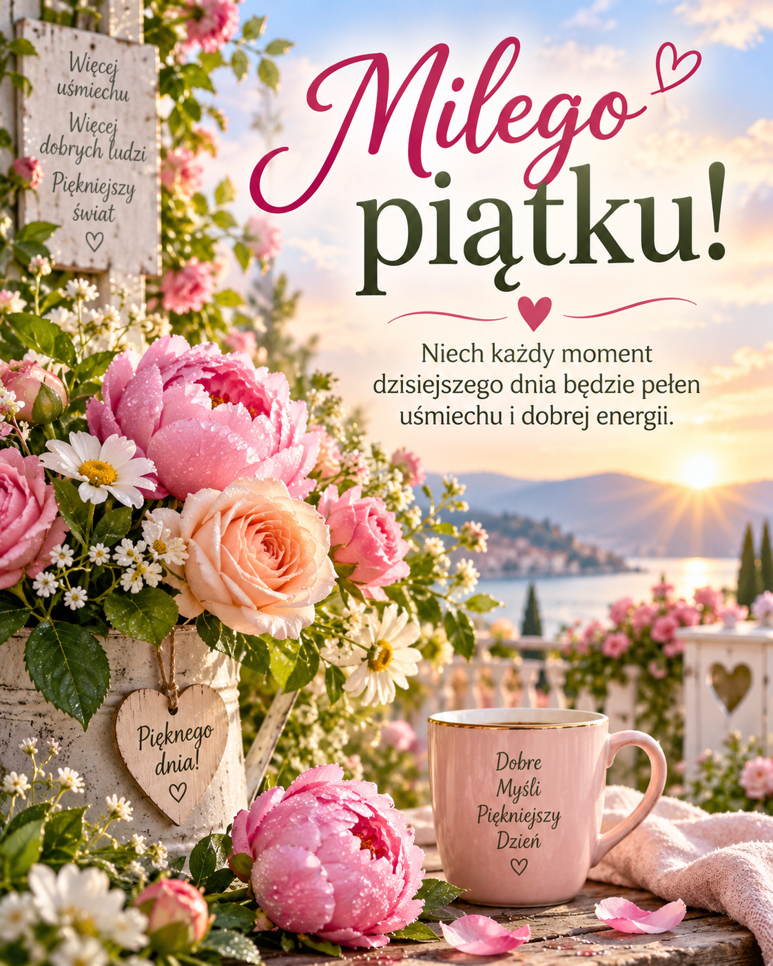 Kartka na piątek z bukietem kwiatów i kolorowym napisem