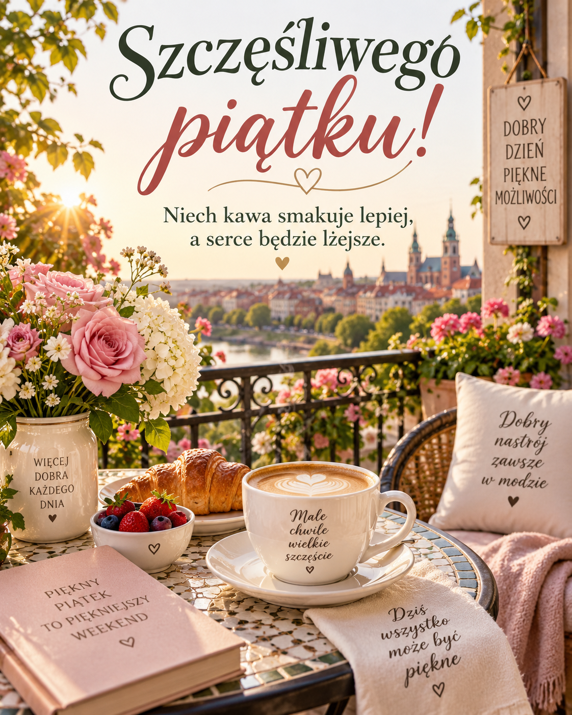 Kartka na piątek z elegancką kawą i kwiatową dekoracją