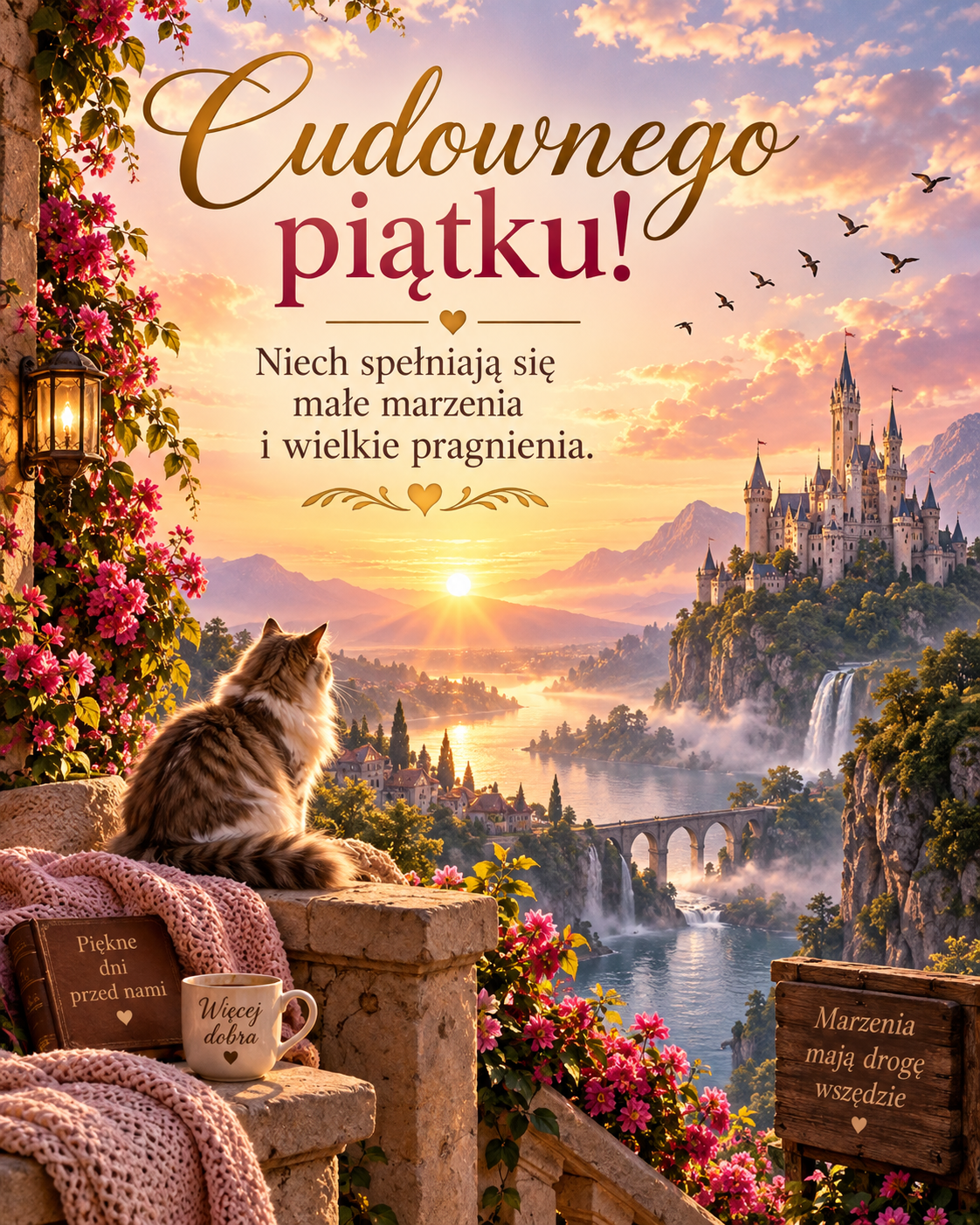 Kartka na piątek z bajkowym krajobrazem i życzeniami
