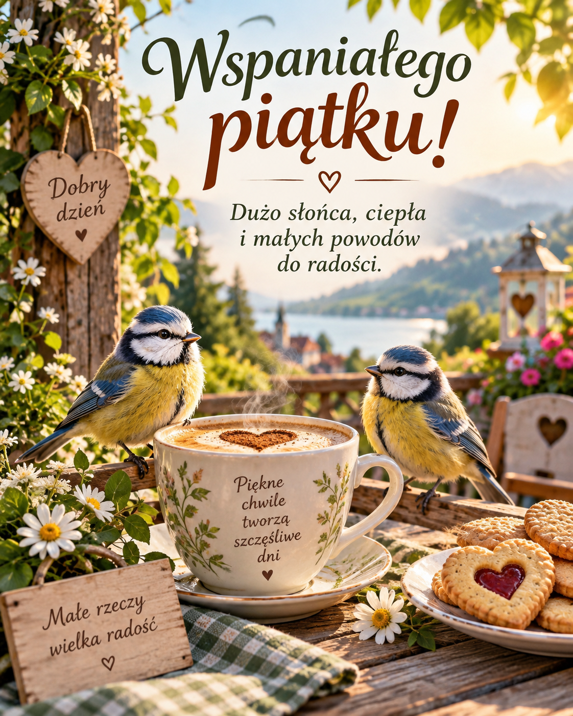 Kartka na piątek z ptakami, kawą i motywem natury