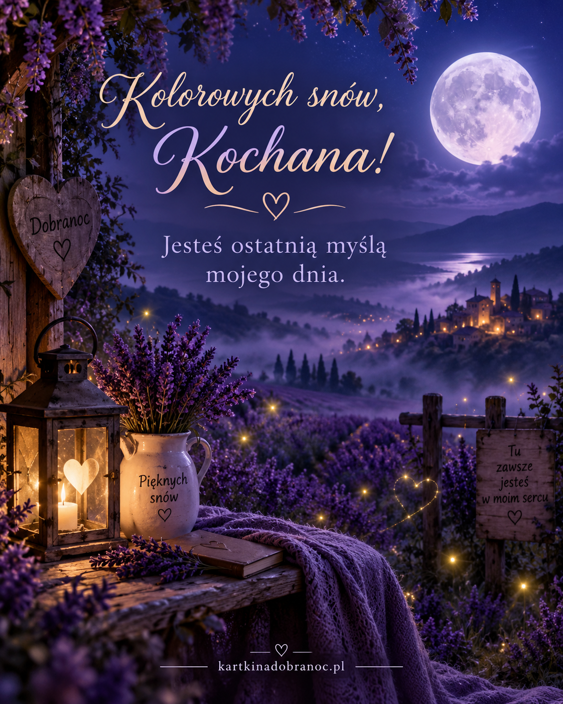 Lawendowa kartka na dobranoc dla ukochanej pod księżycem