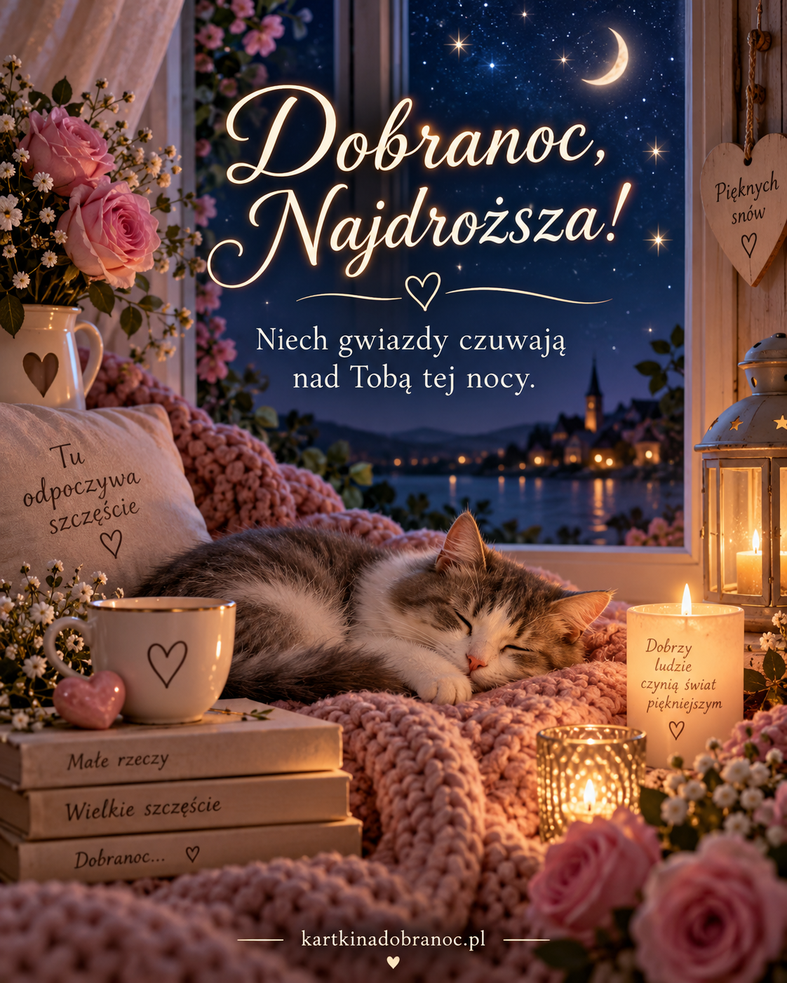 Minimalistyczna kartka na dobranoc dla ukochanej z kotem
