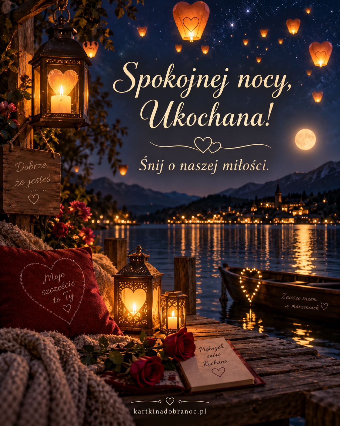 Kartka na dobranoc dla ukochanej z lampionami i sercami