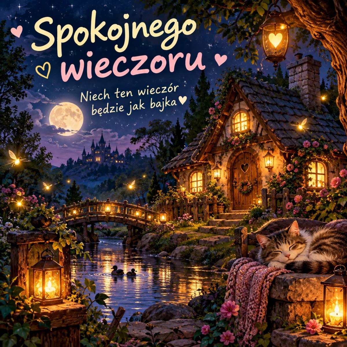 Bajkowy domek podczas spokojnego wieczoru
