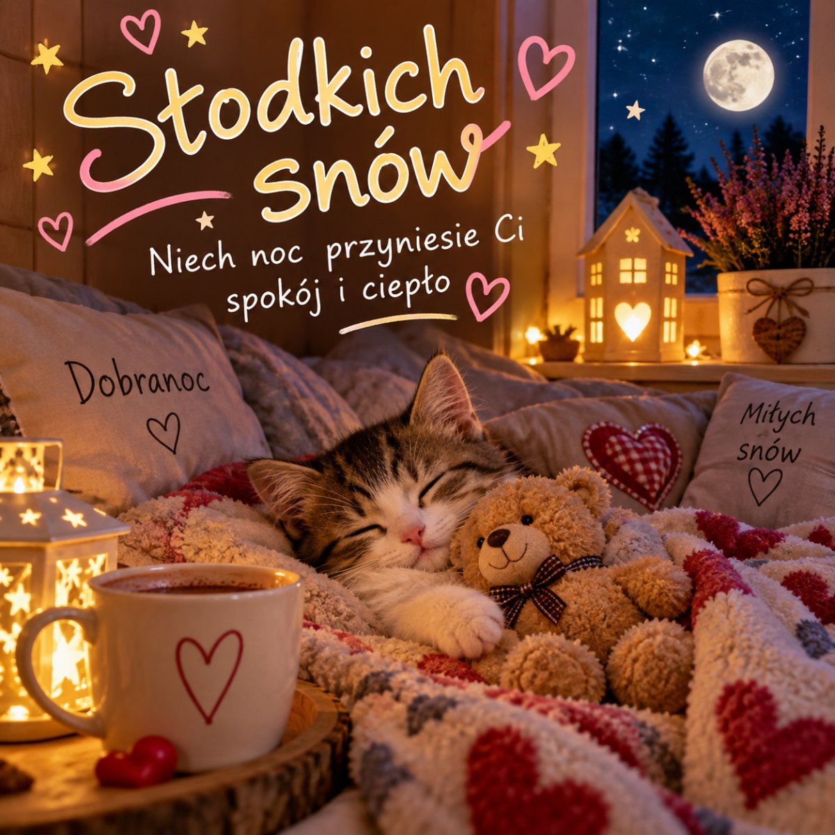 Przytulny kot i życzenie słodkich snów
