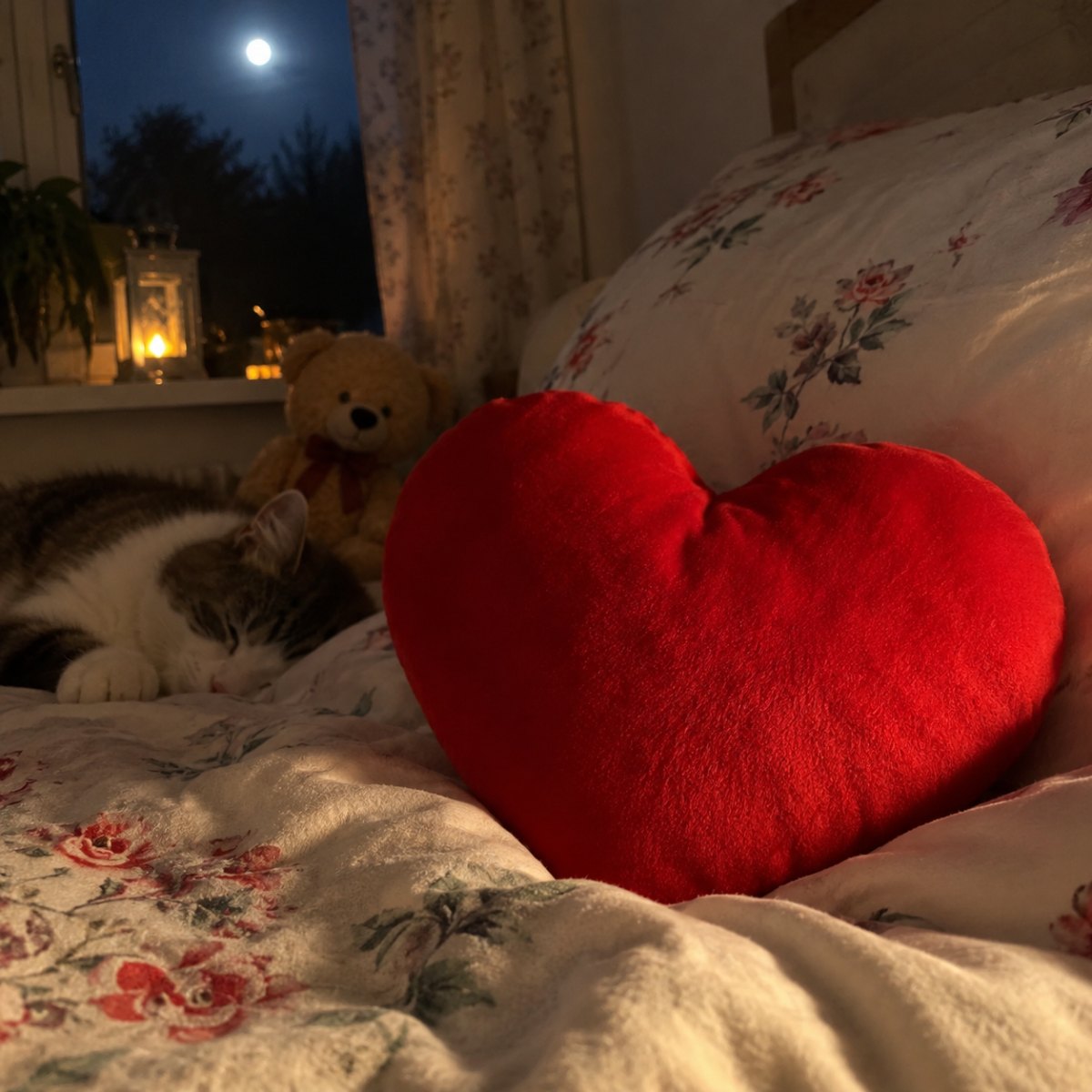 Pluszowe serce na łóżku podkreśla Gute Nacht Herz klimat