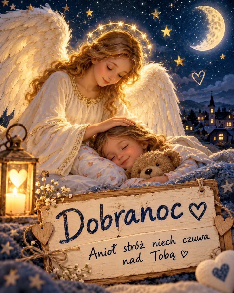 Kartka na dobranoc z aniołem stróżem czuwającym nad śpiącym dzieckiem