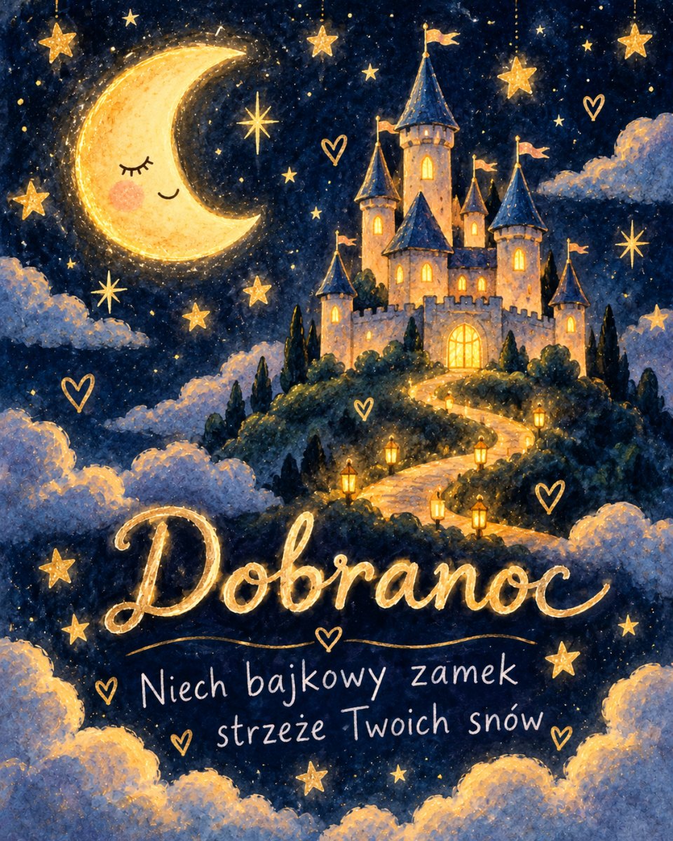 Kartka na dobranoc z bajkowym zamkiem na wzgórzu pod gwiazdami