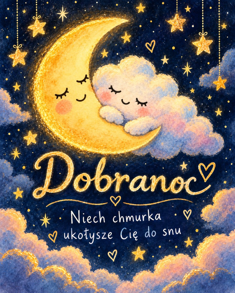 Kartka na dobranoc z księżycem i chmurką przytulonymi do siebie