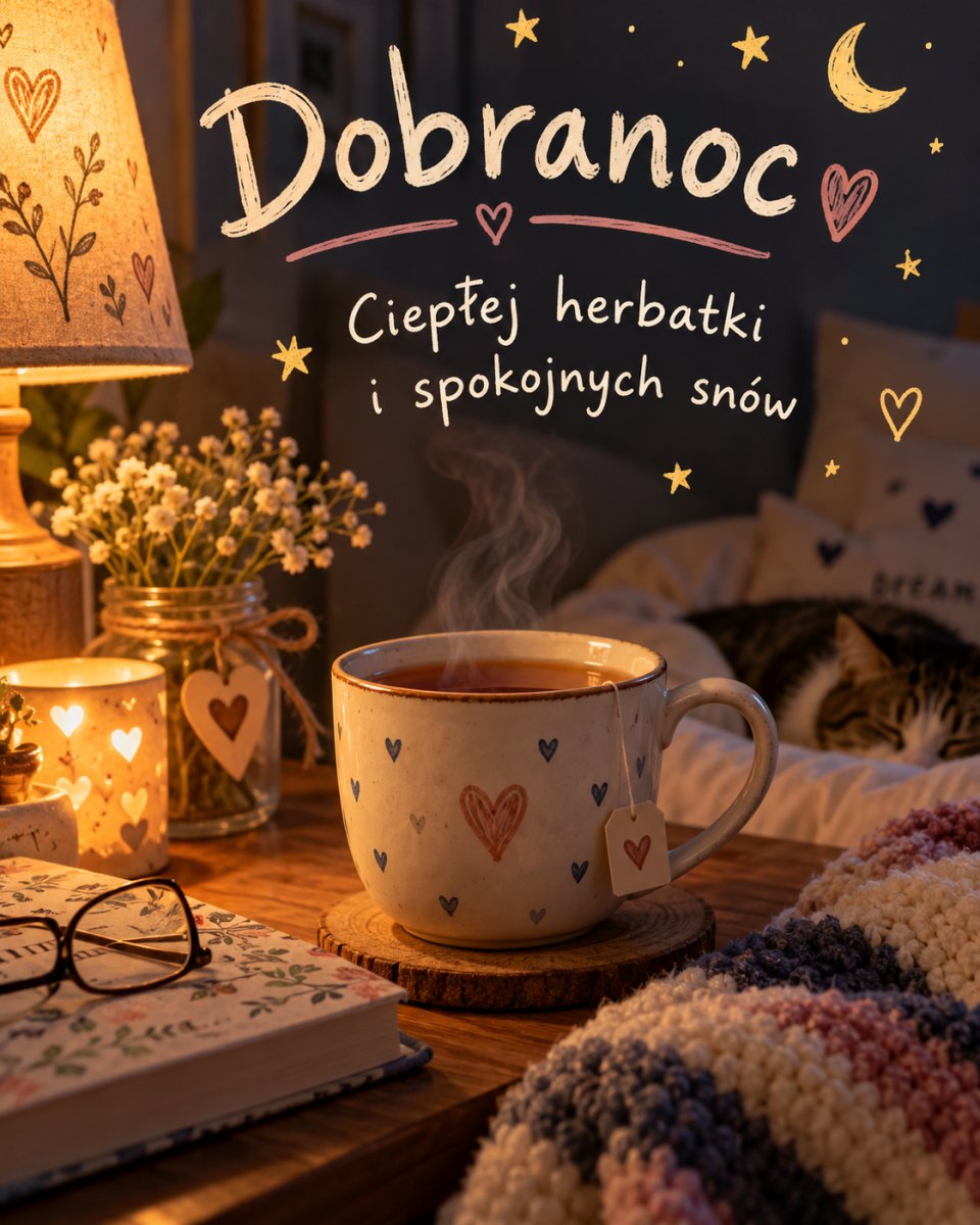 Kartka na dobranoc z filiżanką herbaty, lampką i przytulnym kocem