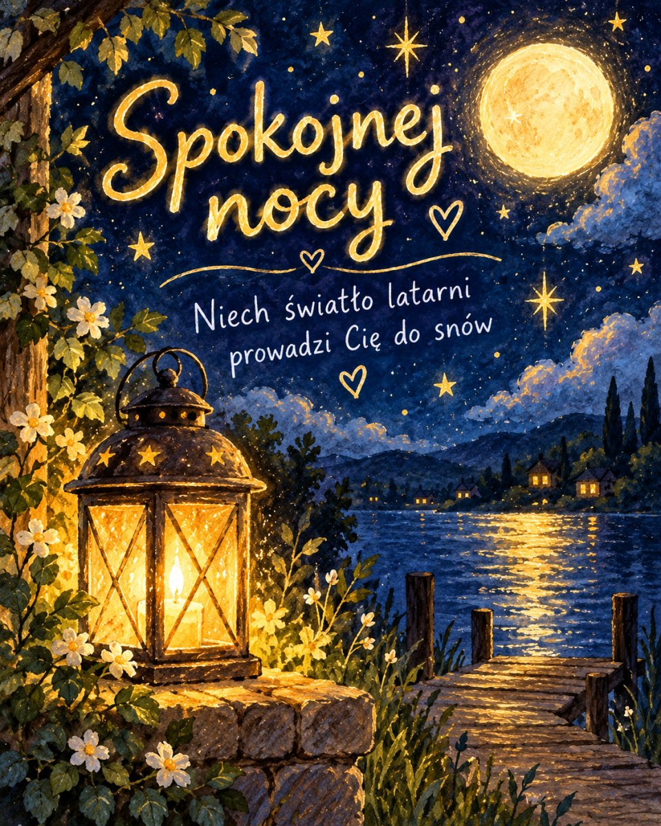 Kartka na dobranoc z latarnią nad jeziorem w blasku księżyca