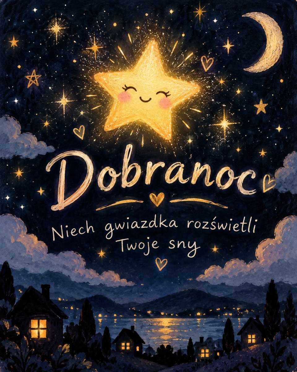 Kartka na dobranoc z uśmiechniętą gwiazdką rozświetlającą nocne niebo