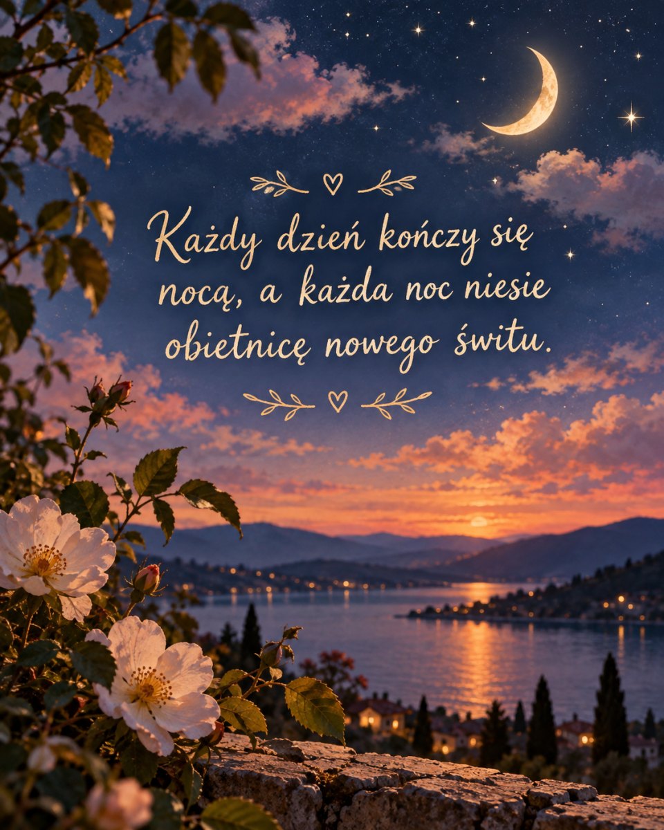 Kartka nocna z księżycem i kwiatami