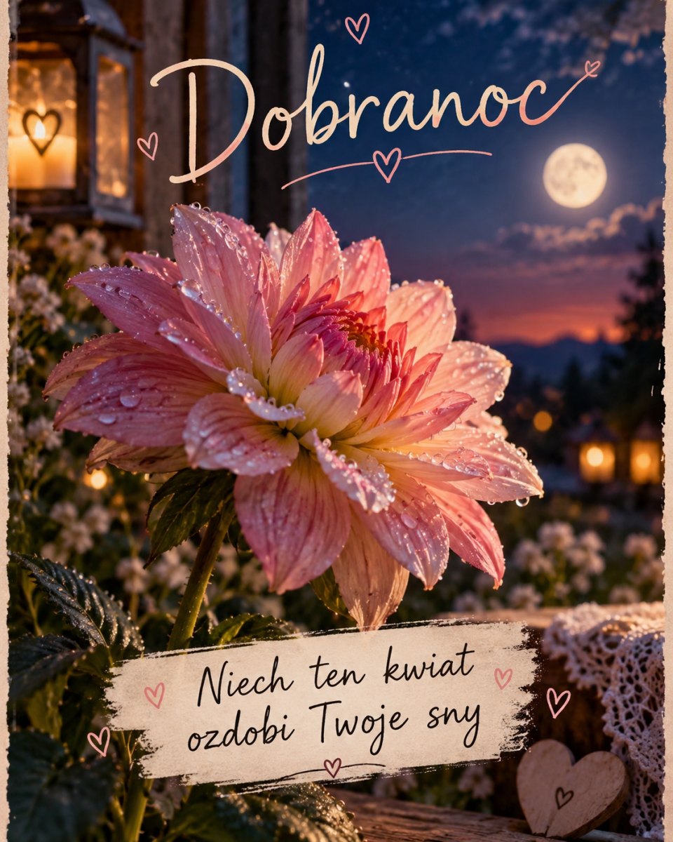 Kartka na dobranoc z kwiatem dalii pokrytym kroplami rosy nocą