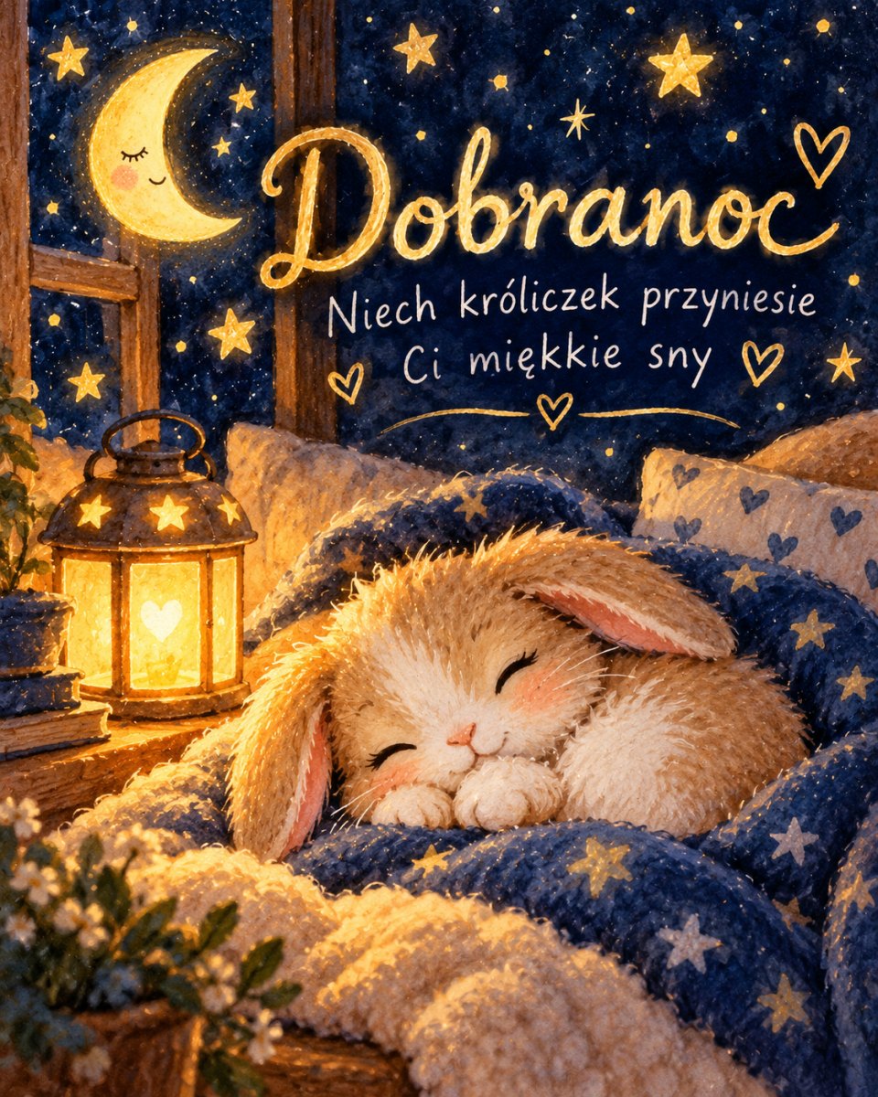 Kartka na dobranoc ze śpiącym króliczkiem otulonym miękkim kocykiem