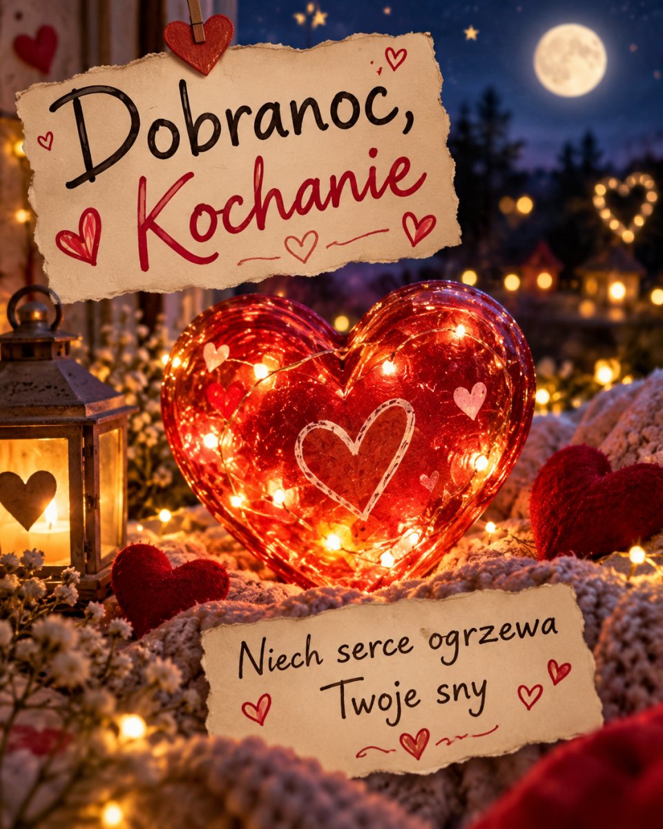 Romantyczna kartka na dobranoc z sercem z lampek i napisem Dobranoc Kochanie