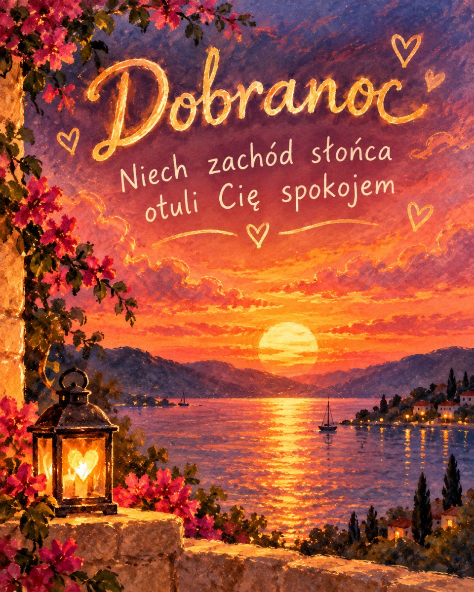 Kartka na dobranoc z zachodem słońca nad morzem i zapaloną latarnią