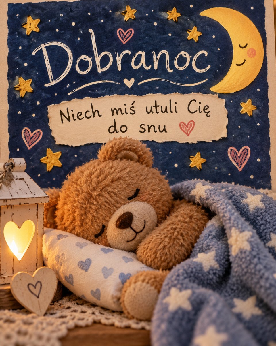 Kartka na dobranoc z przytulonym do snu pluszowym misiem i latarenką