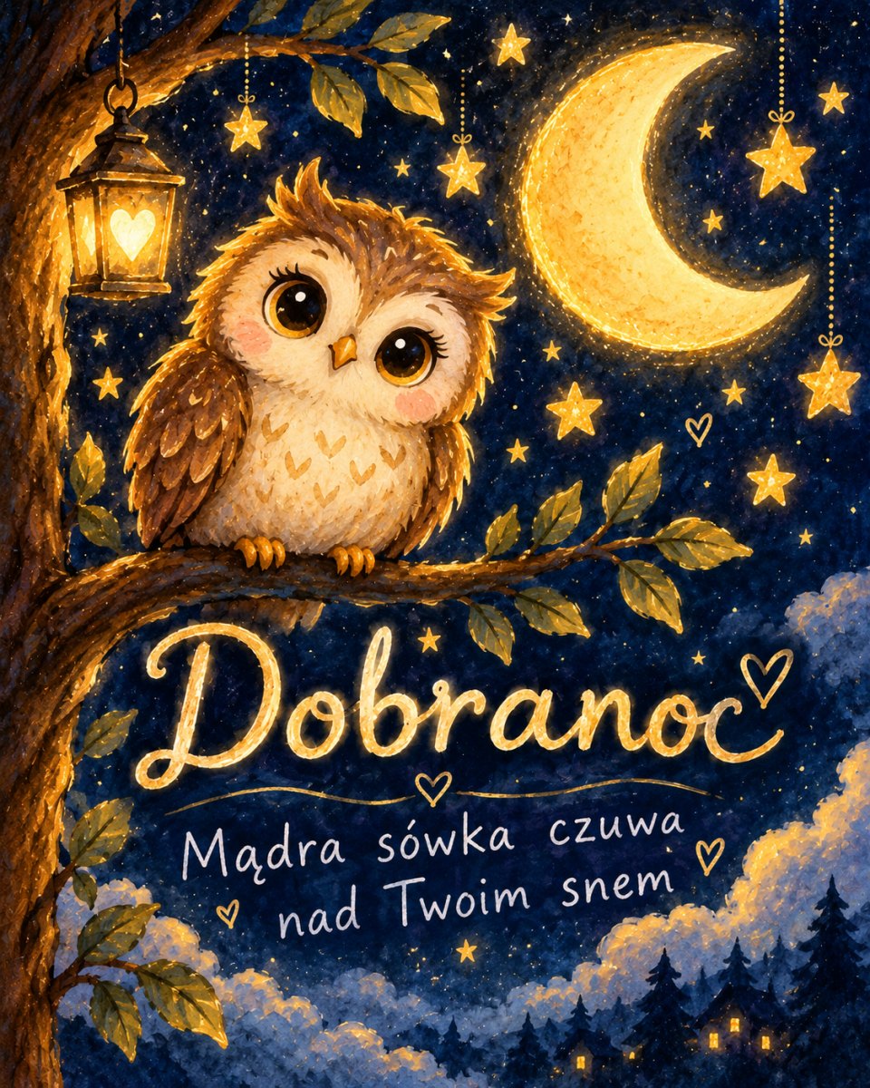 Kartka na dobranoc z mądrą sówką czuwającą na gałęzi drzewa