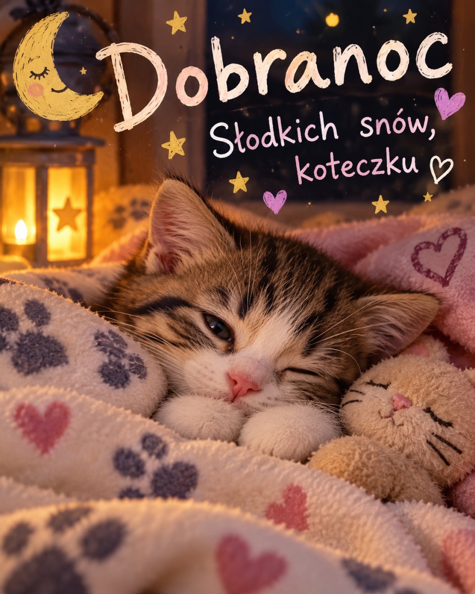 Kartka na dobranoc ze śpiącym kociakiem otulonym kocykiem w serduszka