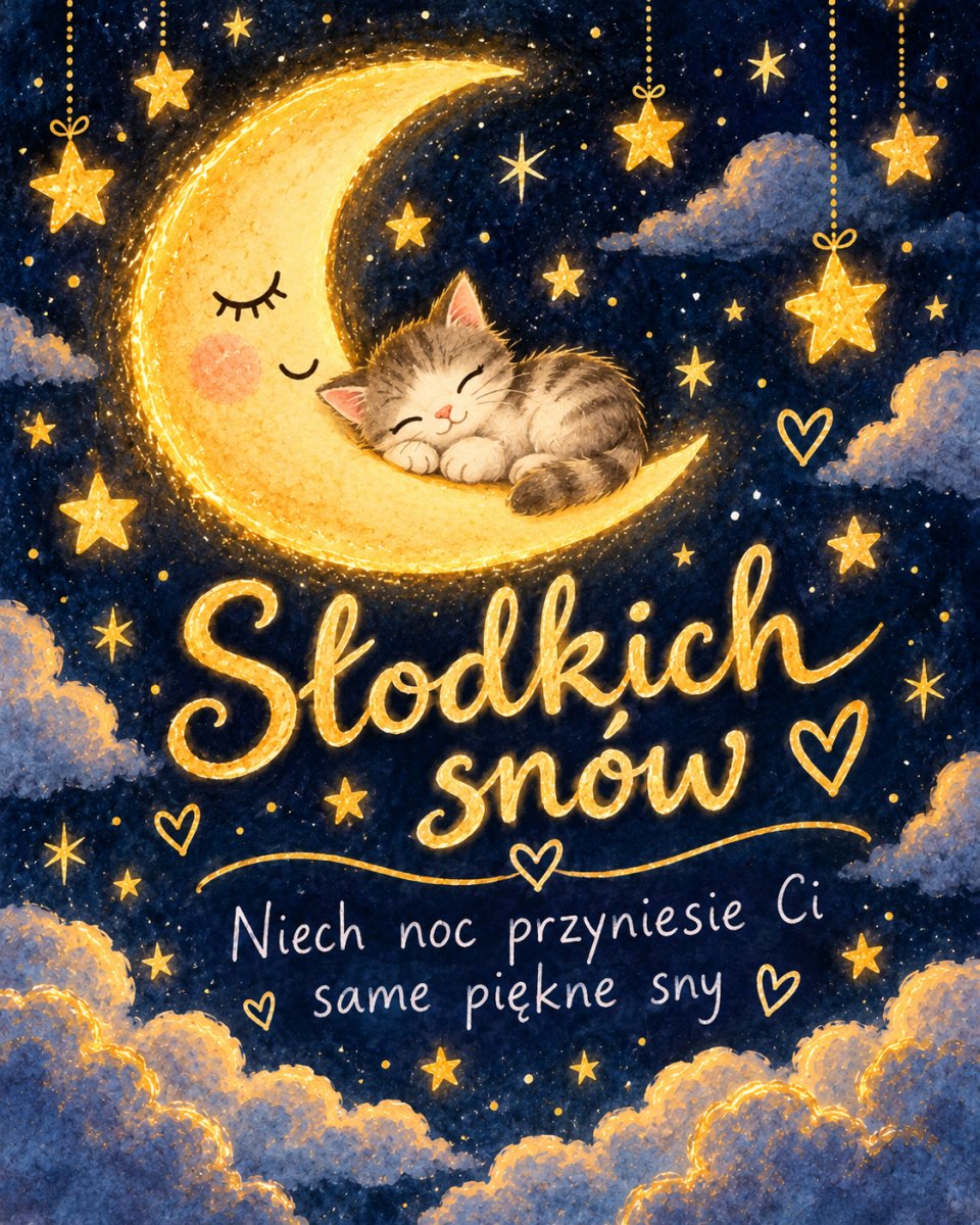 Kartka na dobranoc ze śpiącym kotkiem na sierpie złotego księżyca
