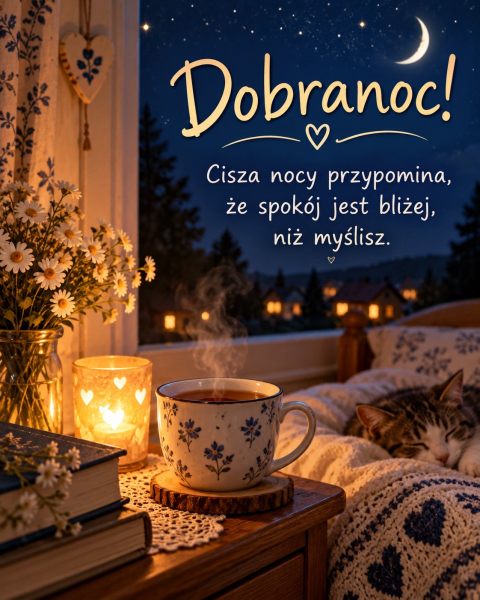 Kartka dobranoc z herbatą i kwiatami