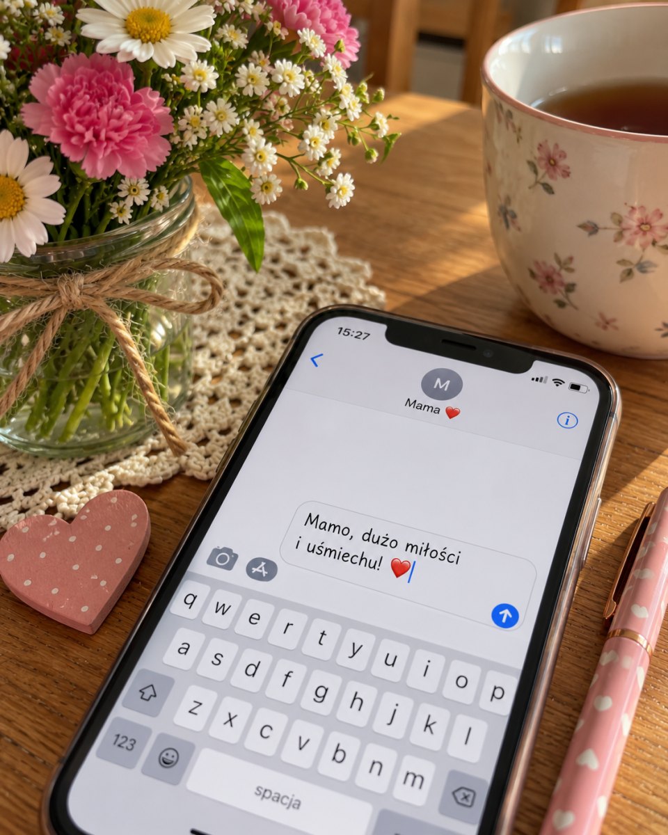 Telefon z krótkim SMS-em dla mamy obok kwiatów i kubka herbaty