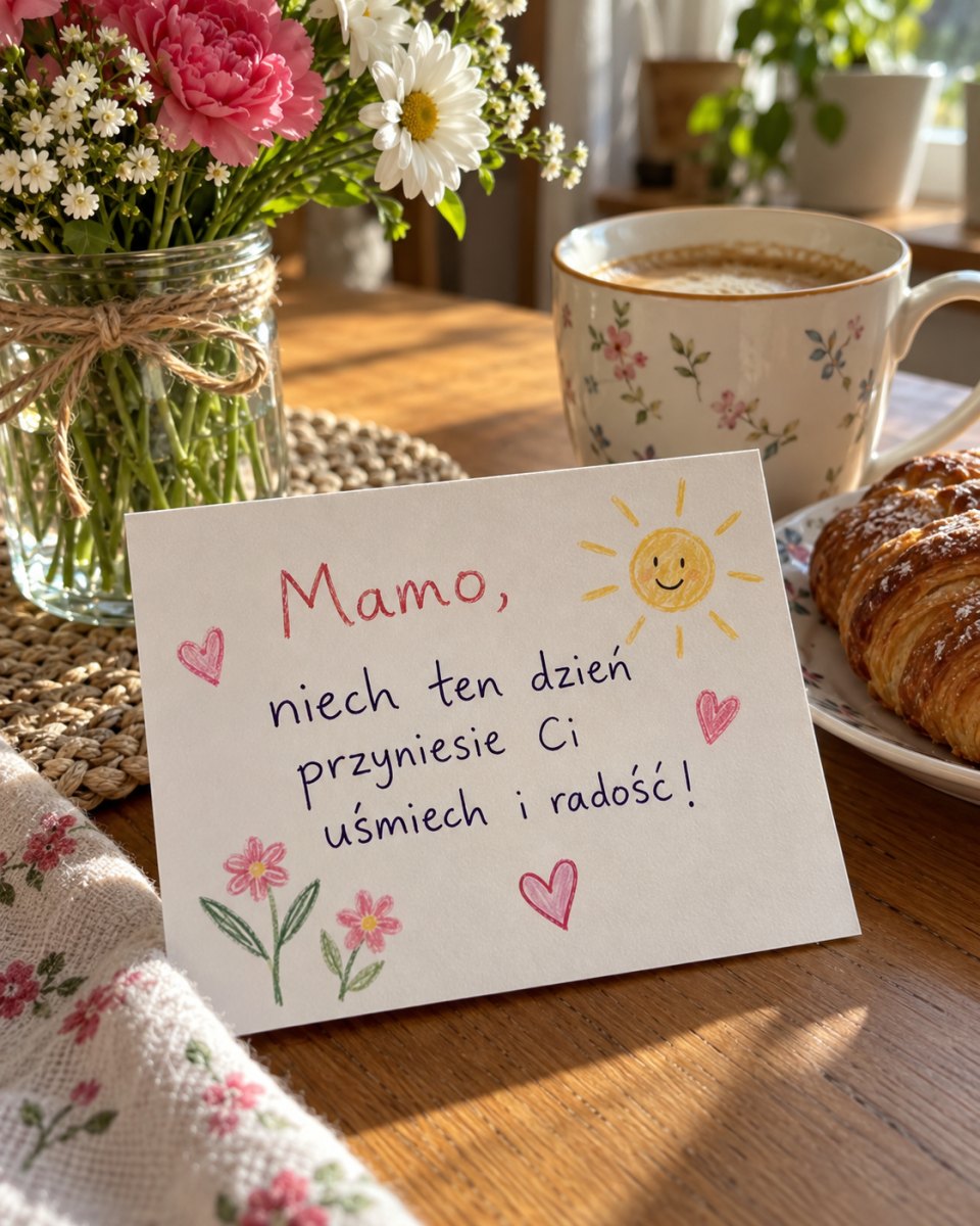 Poranna kartka dla mamy z uśmiechniętym słońcem przy kawie i kwiatach