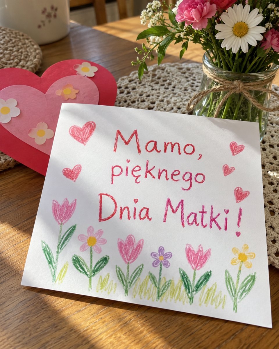 Ręcznie wykonana laurka na Dzień Matki z kolorowymi kwiatami i sercami
