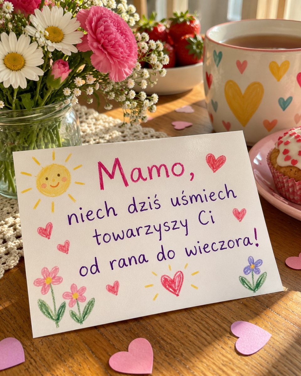 Wesoła kartka dla mamy z kolorowymi sercami i uśmiechniętym słońcem