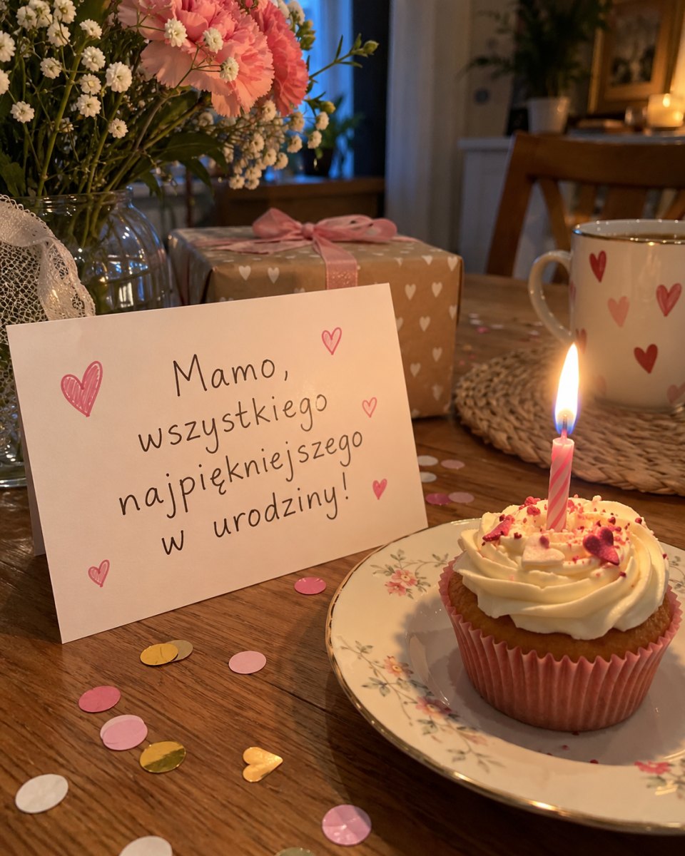 Urodzinowa kartka dla mamy obok babeczki ze świeczką i prezentu