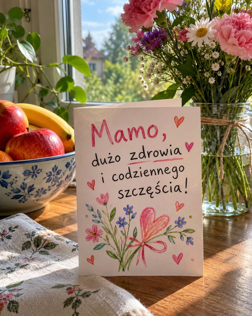 Kartka dla mamy z życzeniami zdrowia i szczęścia przy świeżych kwiatach