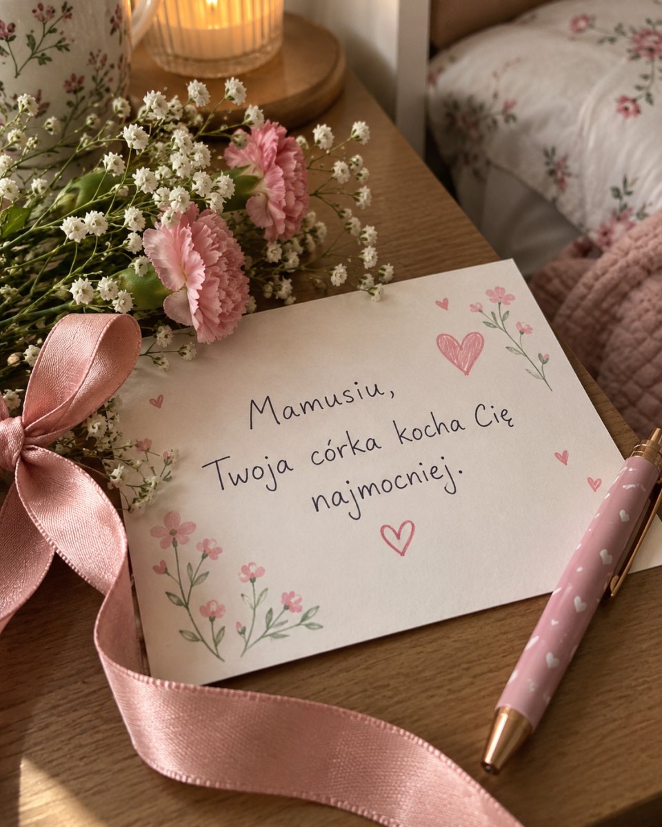 Kartka od córki dla mamy z różową wstążką i delikatnymi kwiatami