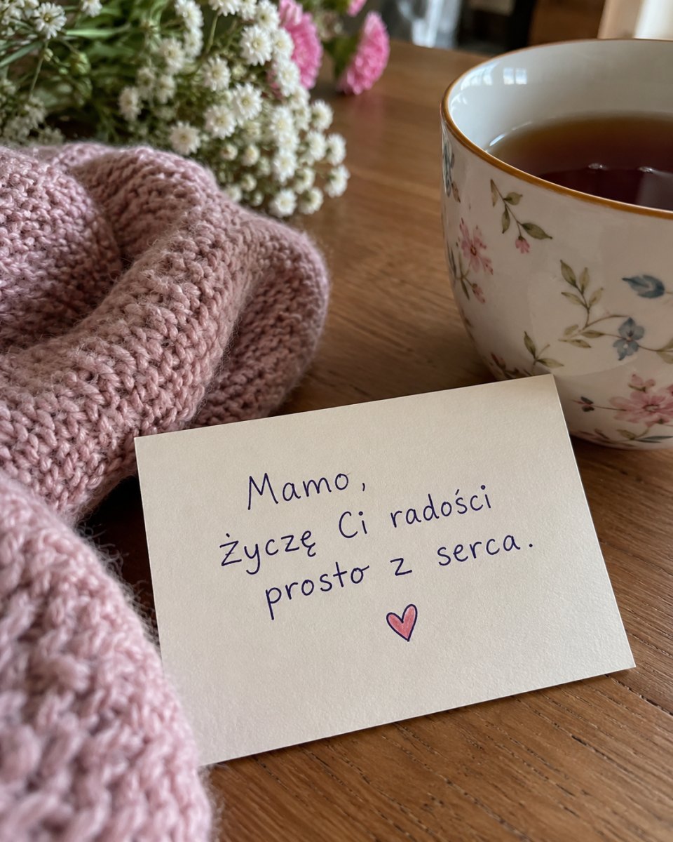 Odręczna kartka z życzeniami dla mamy obok herbaty i miękkiego koca