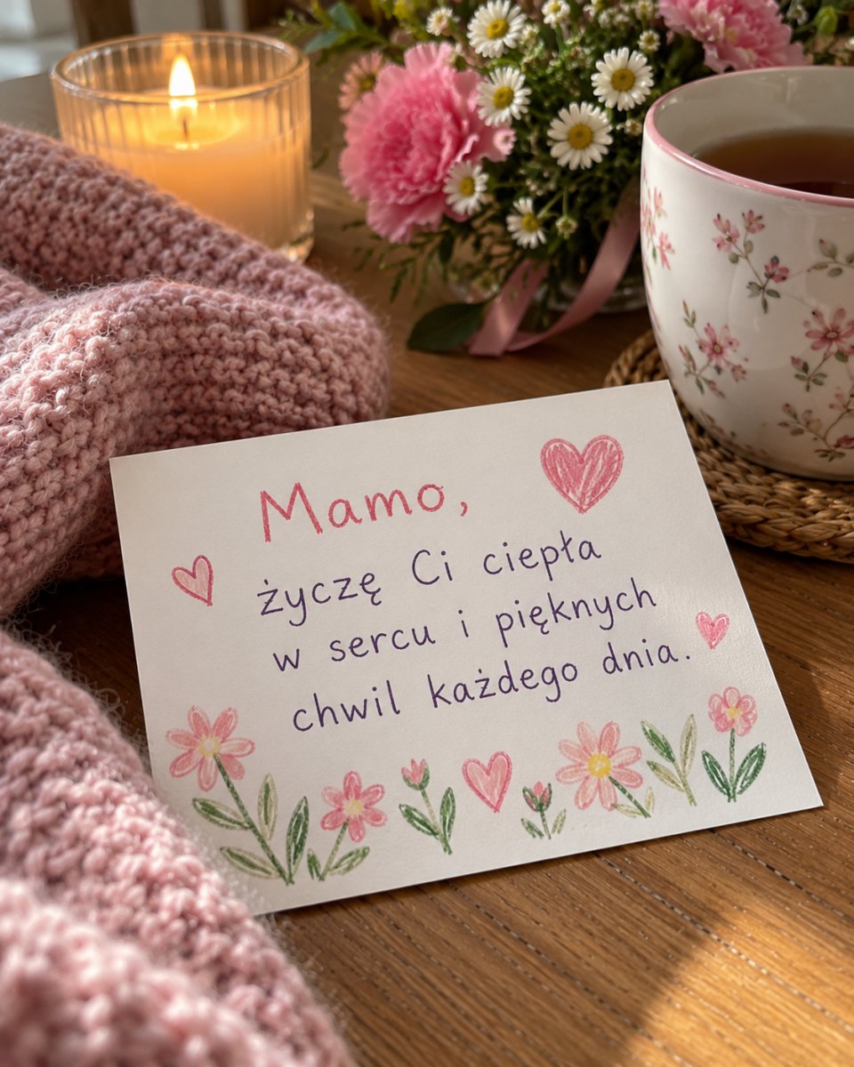 Ciepła kartka dla mamy z kwiatami, sercami i miękkim różowym kocem