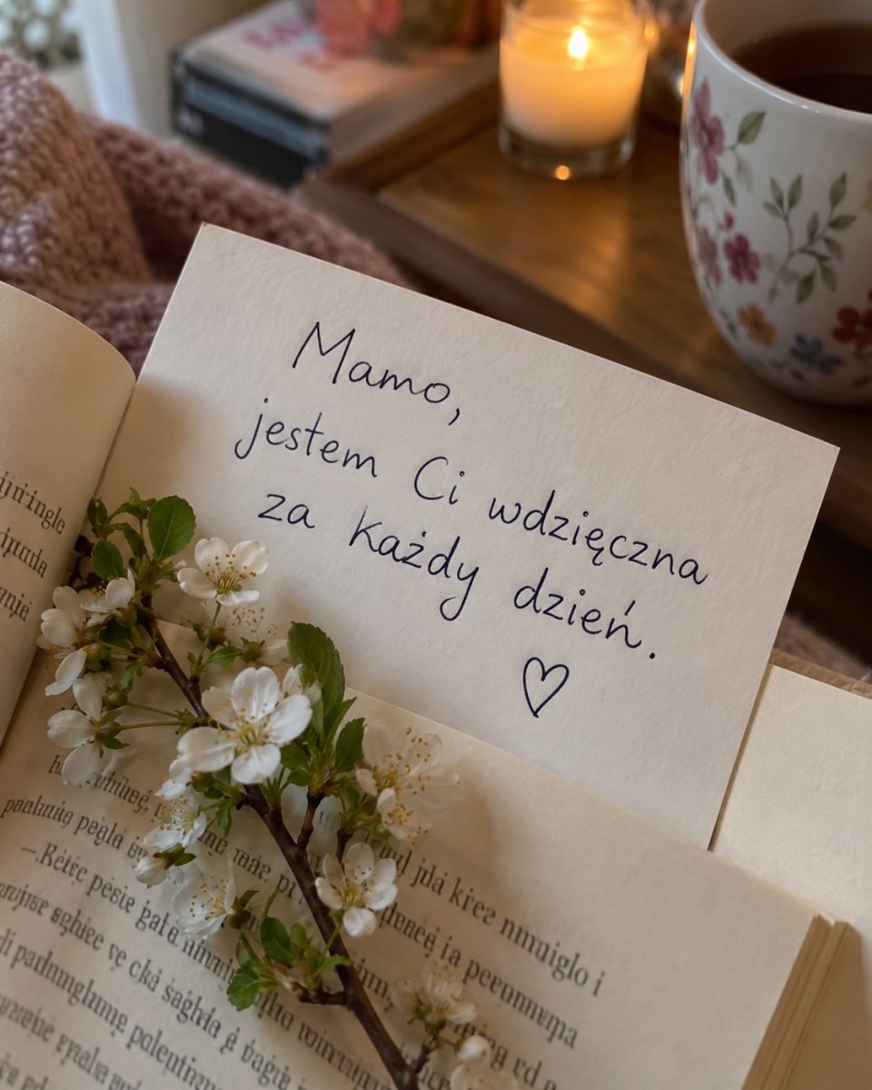 Wdzięczna wiadomość dla mamy na kartce z delikatnym kwiatowym rysunkiem