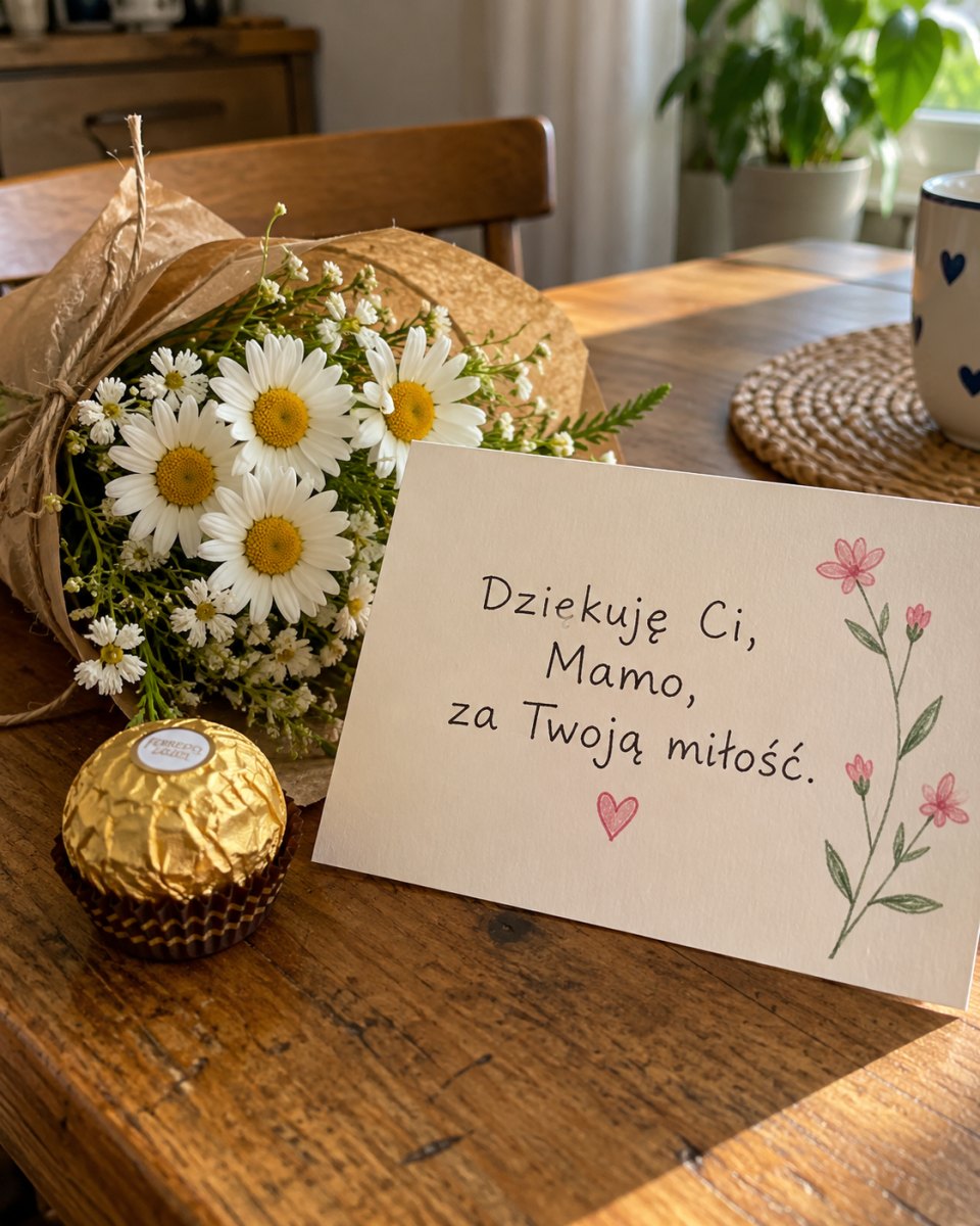 Kartka z podziękowaniem dla mamy przy bukiecie stokrotek i słodkim upominku