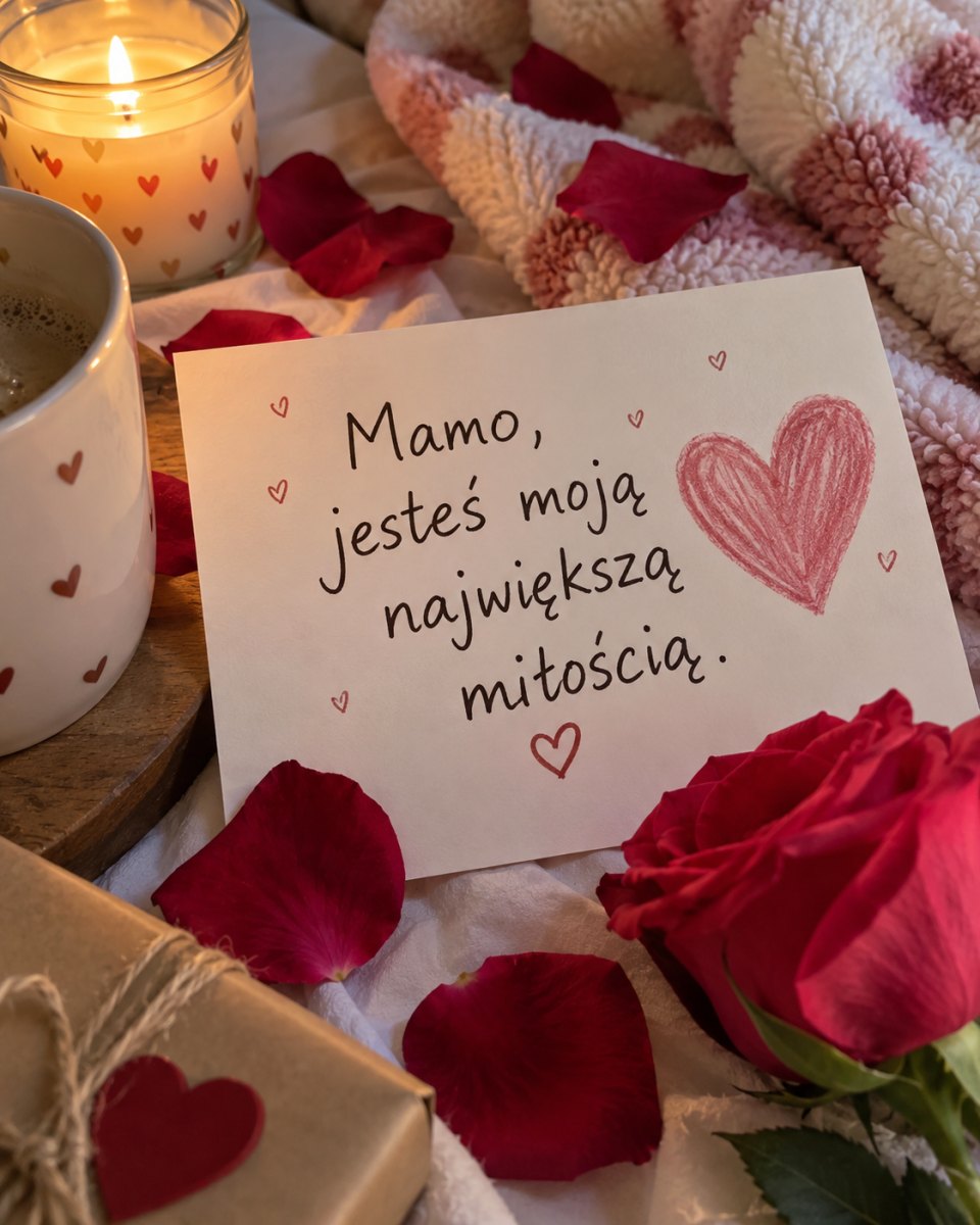 Kartka z miłosnym wyznaniem dla mamy otoczona płatkami róż i świecą