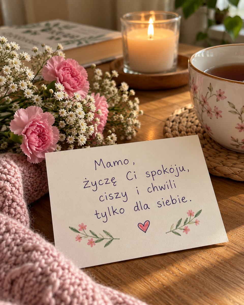 Kartka życząca mamie spokoju przy herbacie, świecy i miękkim kocu