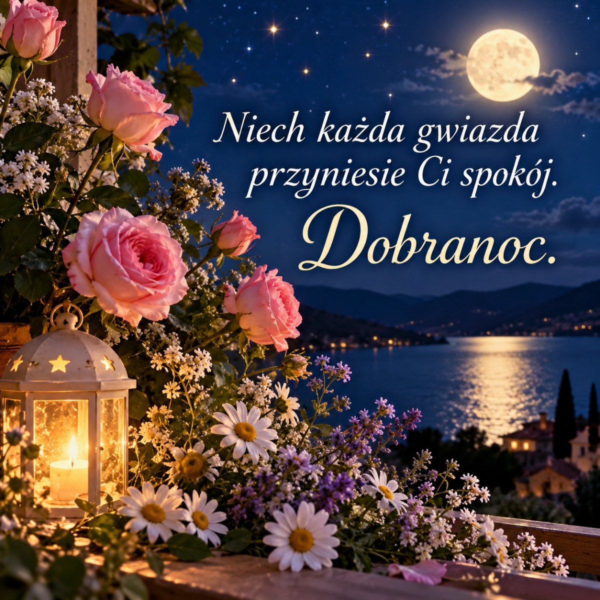 Kwiaty nocą z sentencją