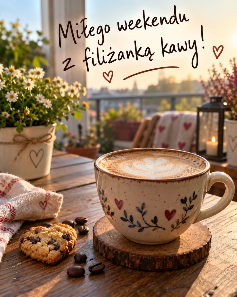 Filiżanka kawy z mlecznym sercem i życzeniami na weekend