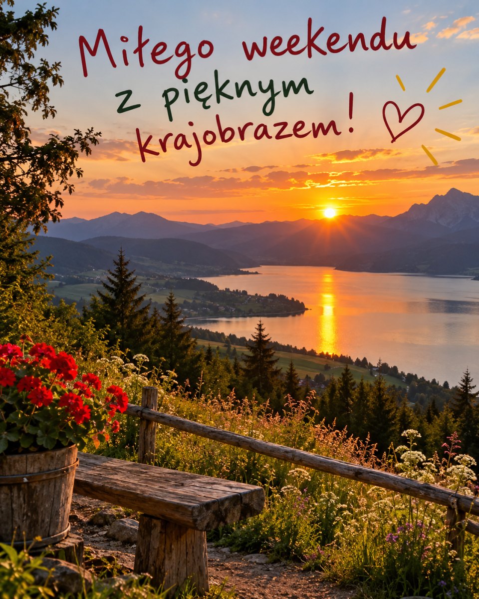 Górskie jezioro i złoty zachód słońca z życzeniami weekendowymi