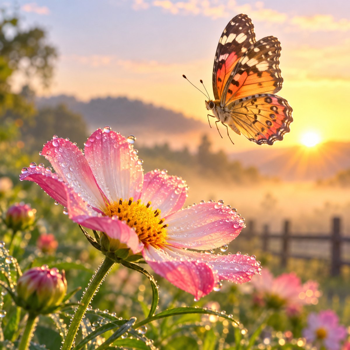 Motyl nad kwiatem rano