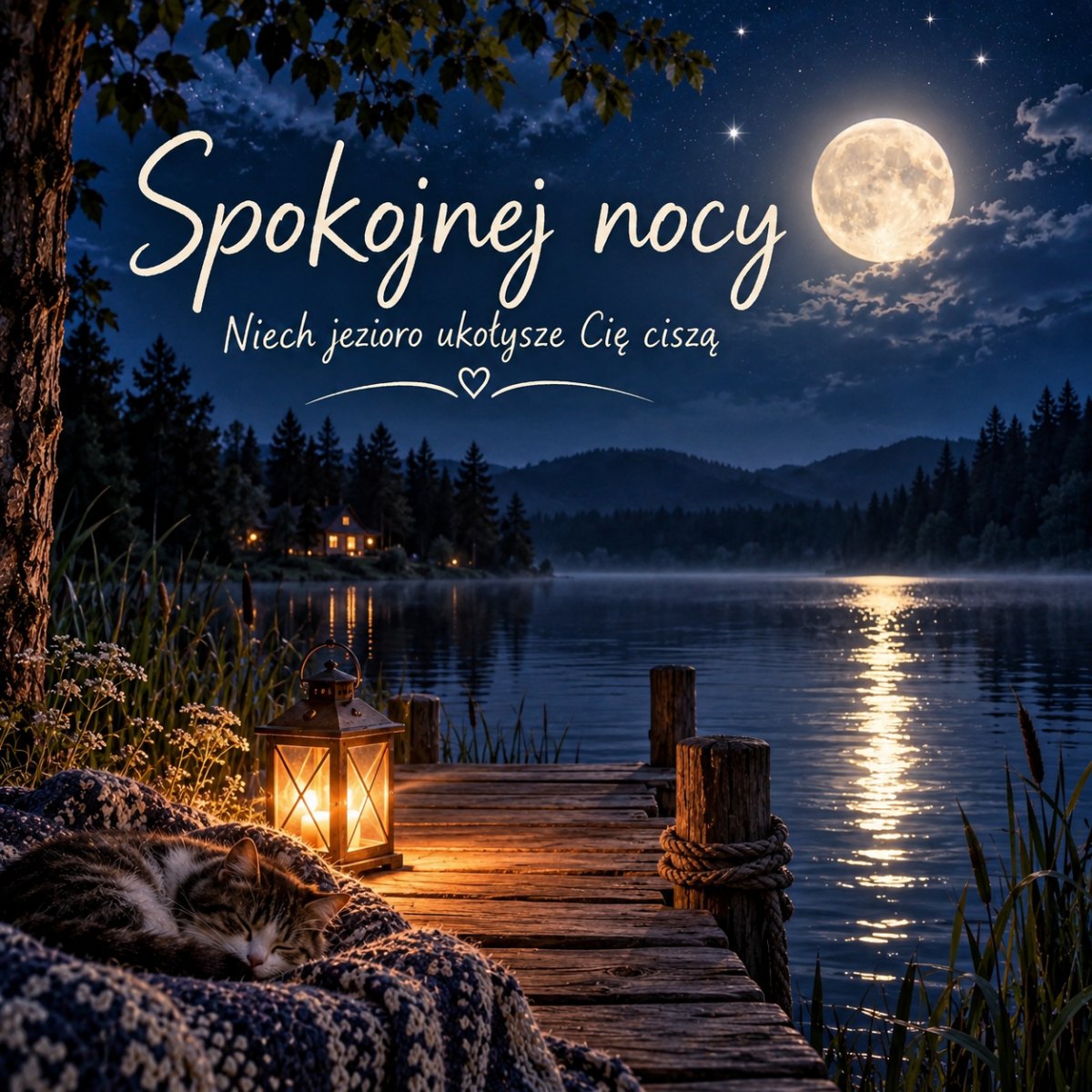 Jezioro nocą z odbiciem księżyca
