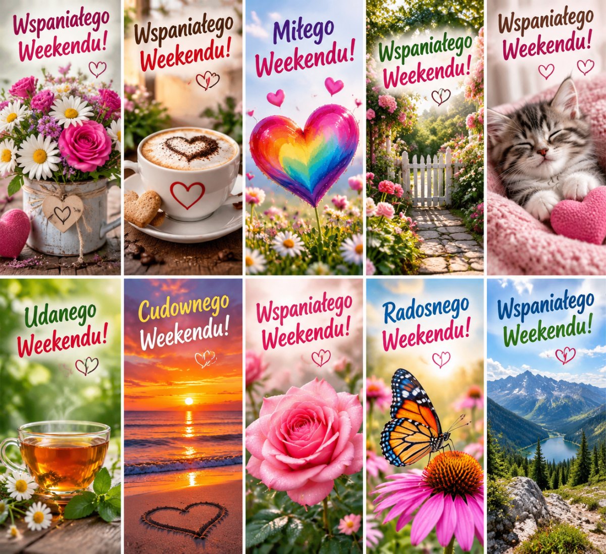 Tęczowe serce i kolorowe życzenia na miły weekend