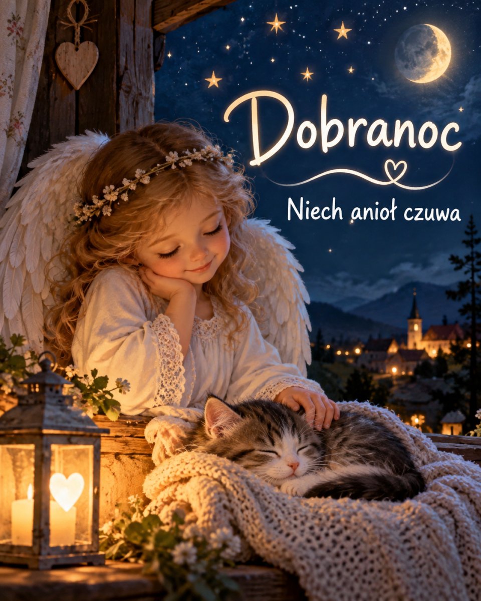 Obrazek z aniołem na dobranoc w spokojnej nocnej scenerii