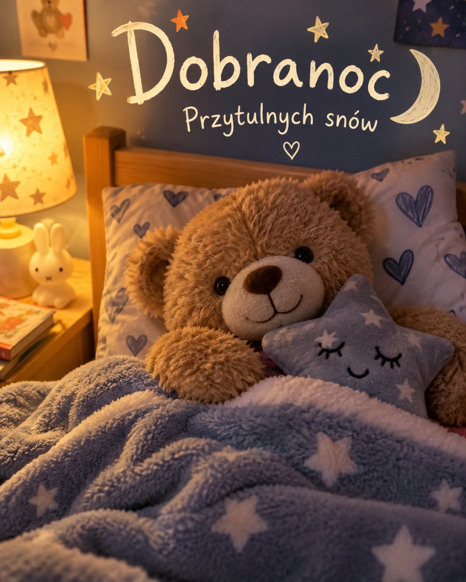 Obrazek z misiem na dobranoc przytulonym do poduszki