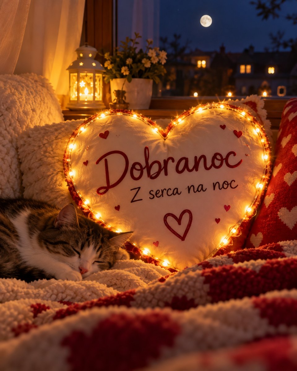 Obrazek z sercem na dobranoc w ciepłym nocnym klimacie