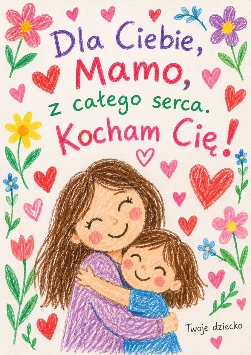 Plakat dla mamy z krótką dedykacją napisaną przez dziecko