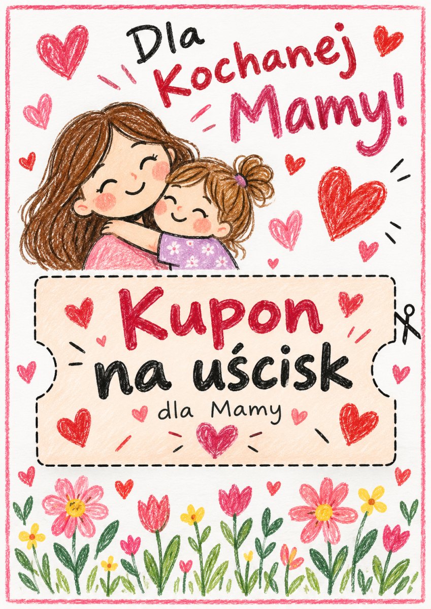 Kupon na uścisk dla Mamy ozdobiony sercami i kwiatami
